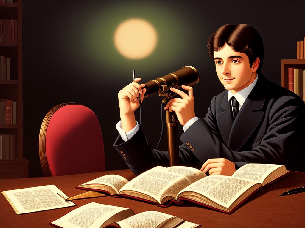 Illustration of a person studying with books and a telescope